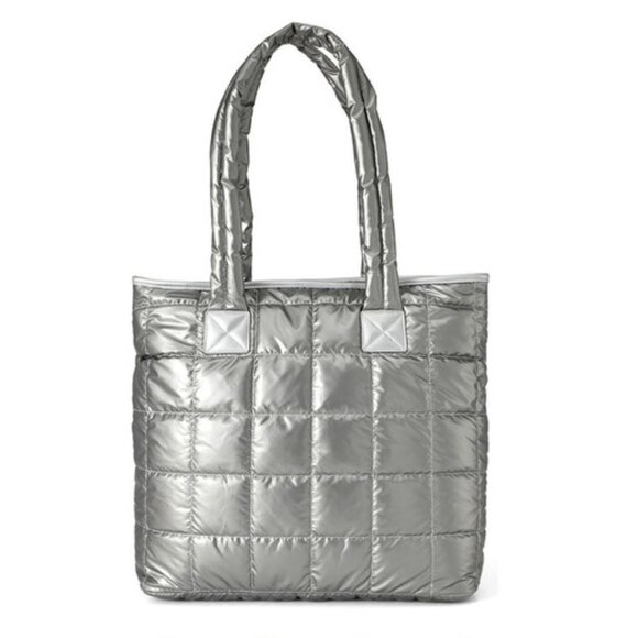 Quilted Puffer Tote - Silver - Double Handle- XL- Lightweight -NWT - Picture 1 of 9
